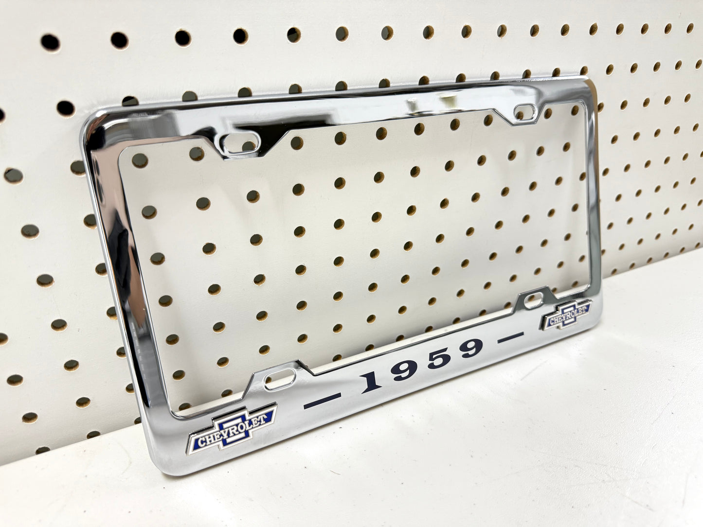 1959 CHEVROLET IMPALA, BEL AIR, BISCAYNE CHROME LICENSE PLATE FRAME WITH DUAL BOWTIE LOGOS