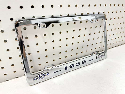 1959 CHEVROLET IMPALA, BEL AIR, BISCAYNE CHROME LICENSE PLATE FRAME WITH DUAL BOWTIE LOGOS