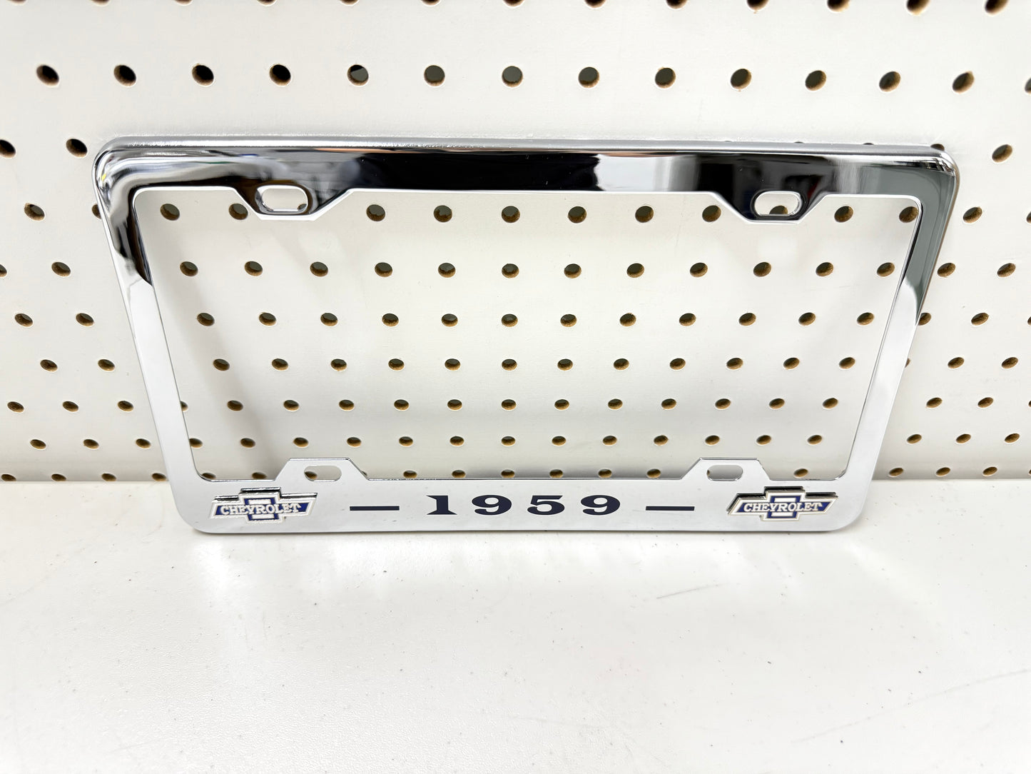 1959 CHEVROLET IMPALA, BEL AIR, BISCAYNE CHROME LICENSE PLATE FRAME WITH DUAL BOWTIE LOGOS