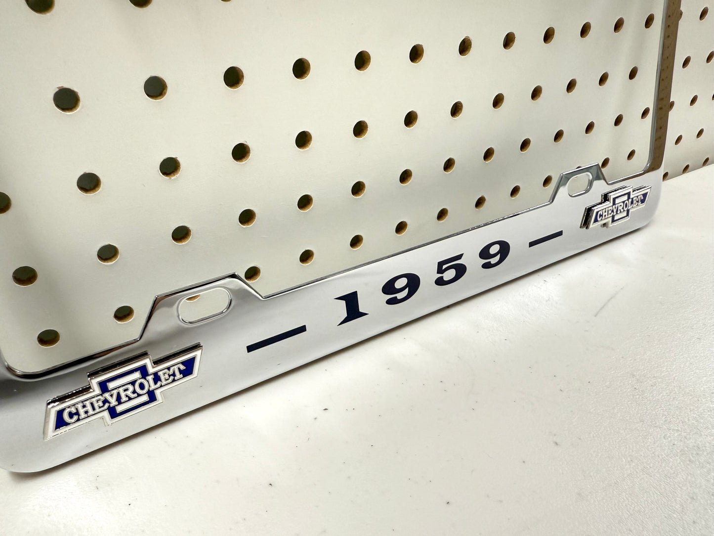 1959 CHEVROLET IMPALA, BEL AIR, BISCAYNE CHROME LICENSE PLATE FRAME WITH DUAL BOWTIE LOGOS