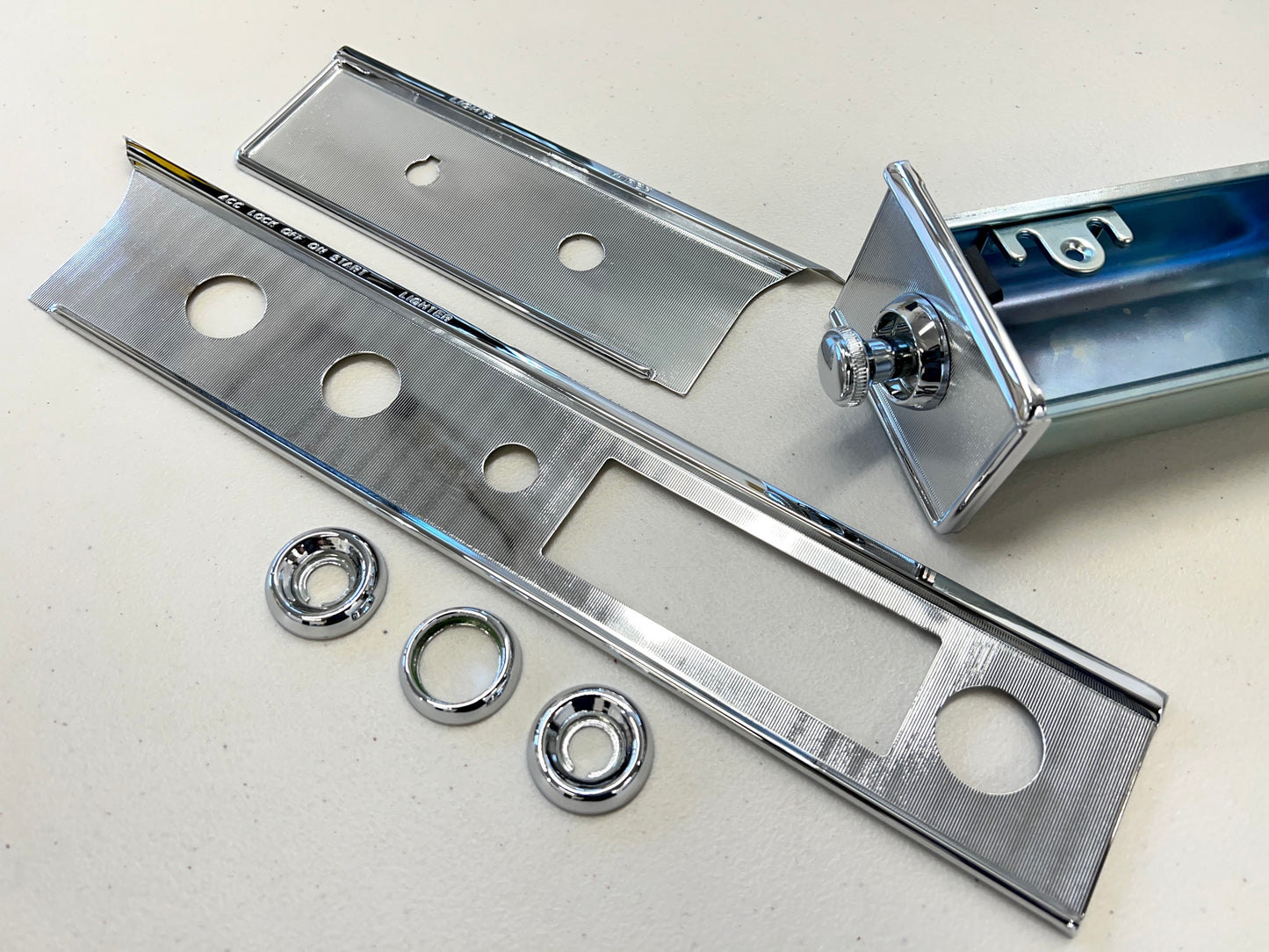 1964 CHEVROLET IMPALA BEL AIR BISCAYNE , FULL-SIZE PASSENGER CAR DASH TRIM MOLDING FASCIA (FACIA) CHROME COMPLETE SET with ASH TRAY and BEZELS [NEW] [CHROME FINISH]