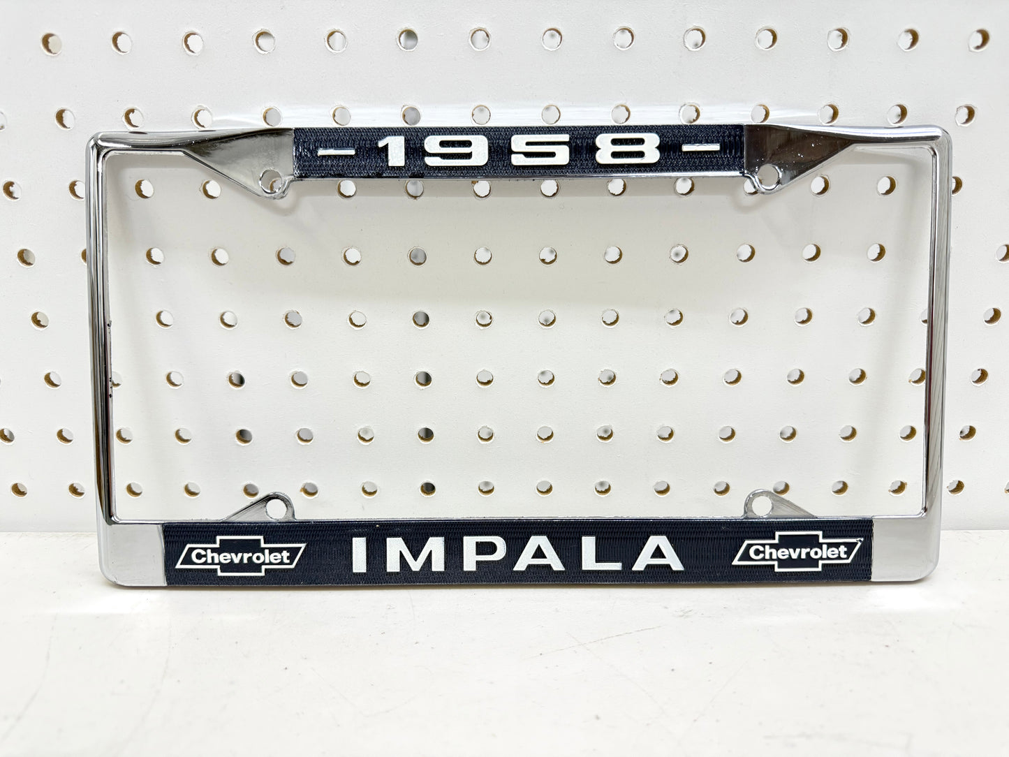 1958 CHEVY IMPALA GM LICENSED VINTAGE FRONT REAR LICENSE PLATE HOLDER RETAINER FRAME WITH DUAL BOWTIE LOGOS