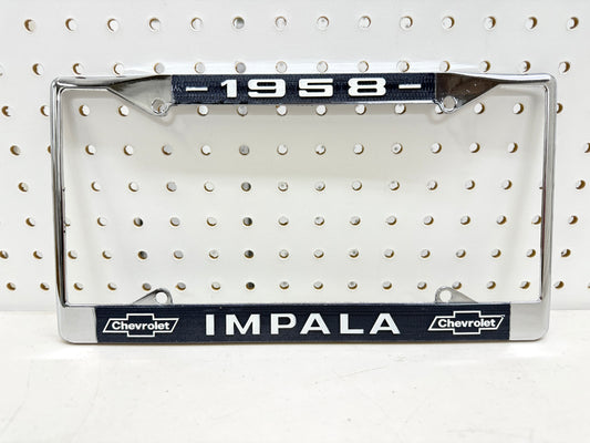 1958 CHEVY IMPALA GM LICENSED VINTAGE FRONT REAR LICENSE PLATE HOLDER RETAINER FRAME WITH DUAL BOWTIE LOGOS