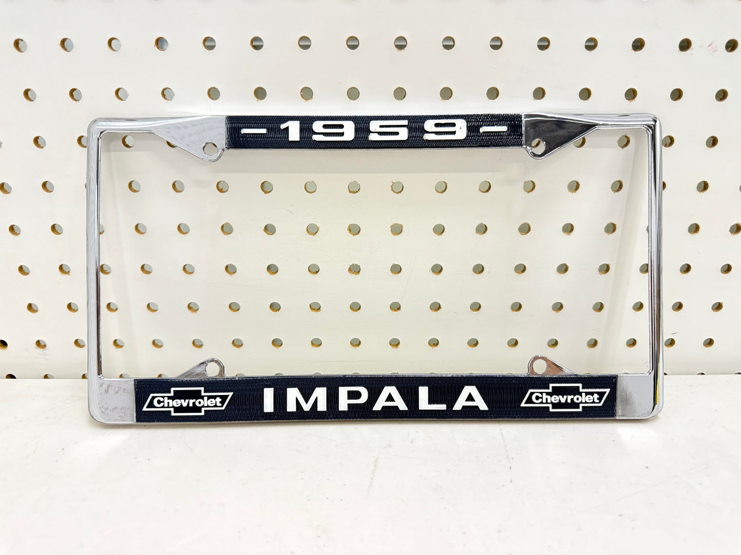 1959 CHEVY IMPALA GM LICENSED VINTAGE FRONT REAR LICENSE PLATE HOLDER RETAINER FRAME WITH DUAL BOWTIE LOGOS