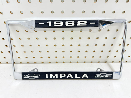 1962 CHEVY IMPALA GM LICENSED VINTAGE FRONT REAR LICENSE PLATE HOLDER RETAINER FRAME WITH DUAL BOWTIE LOGOS