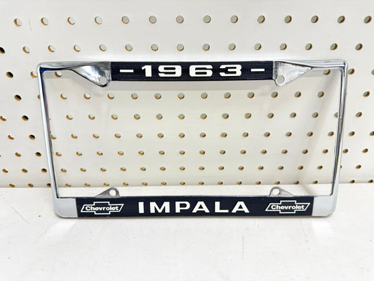 1963 CHEVY IMPALA GM LICENSED VINTAGE FRONT REAR LICENSE PLATE HOLDER RETAINER FRAME WITH DUAL BOWTIE LOGOS