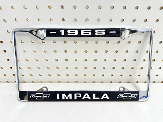 1965 CHEVY IMPALA GM LICENSED VINTAGE FRONT REAR LICENSE PLATE HOLDER RETAINER FRAME WITH DUAL BOWTIE LOGOS