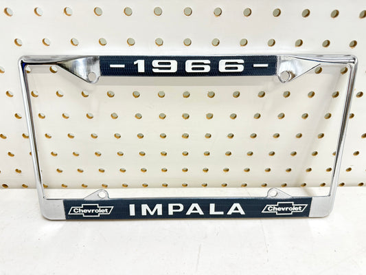 1966 CHEVY IMPALA GM LICENSED VINTAGE FRONT REAR LICENSE PLATE HOLDER RETAINER FRAME WITH DUAL BOWTIE LOGOS