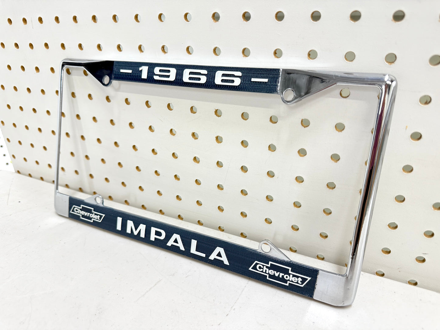 1966 CHEVY IMPALA GM LICENSED VINTAGE FRONT REAR LICENSE PLATE HOLDER RETAINER FRAME WITH DUAL BOWTIE LOGOS