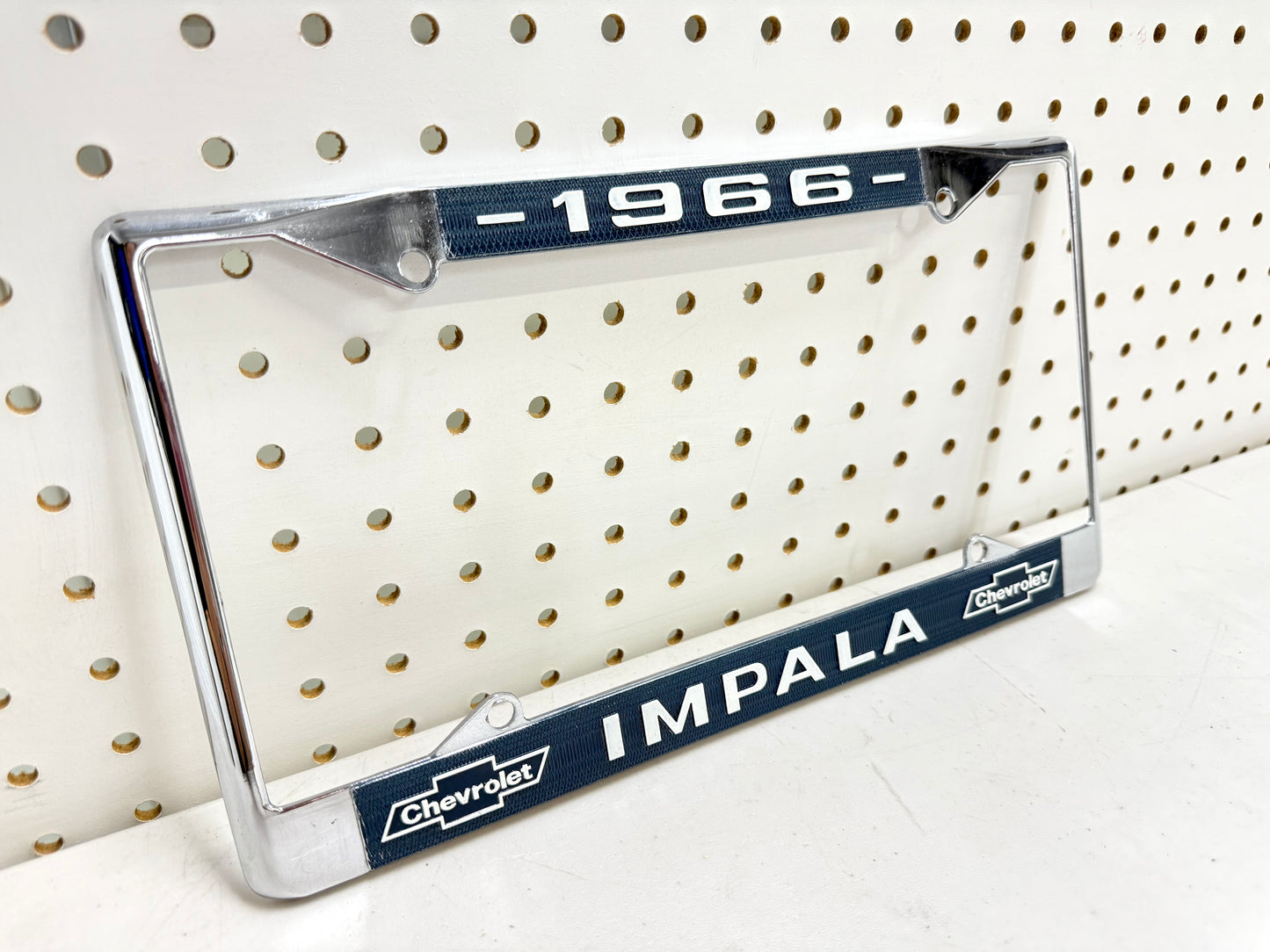 1966 CHEVY IMPALA GM LICENSED VINTAGE FRONT REAR LICENSE PLATE HOLDER RETAINER FRAME WITH DUAL BOWTIE LOGOS
