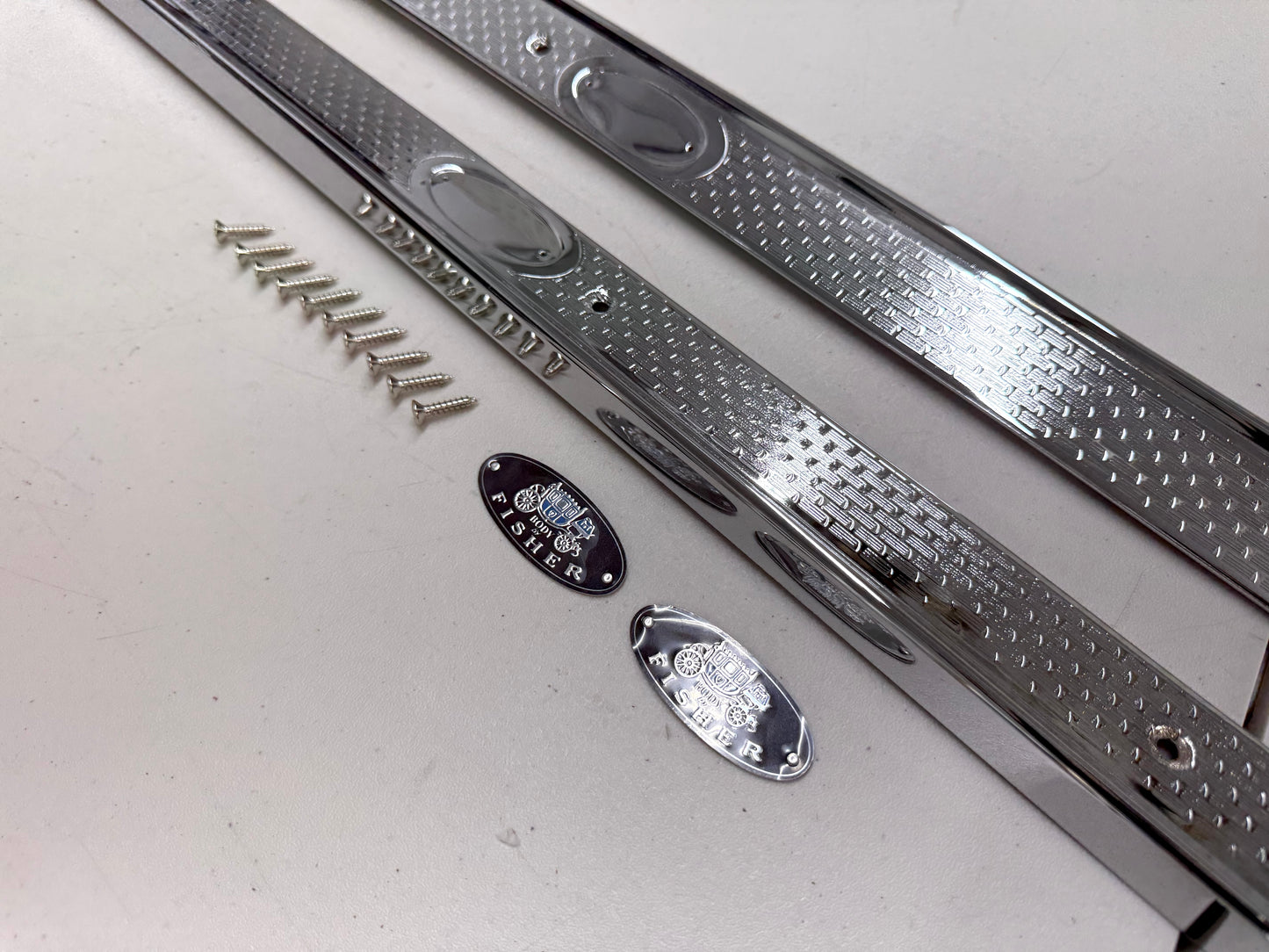 1958 CHEVY IMPALA BEL AIR BISCAYNE HARDTOP OR CONVERTIBLE 2 DOOR , DOOR SILL PLATES / TRIPLE CHROME FINISH [NEW]