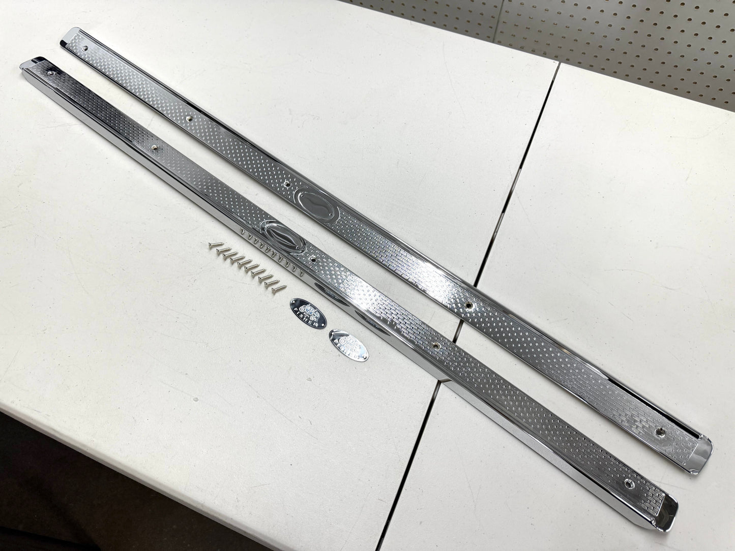 1958 CHEVY IMPALA BEL AIR BISCAYNE HARDTOP OR CONVERTIBLE 2 DOOR , DOOR SILL PLATES / TRIPLE CHROME FINISH [NEW]
