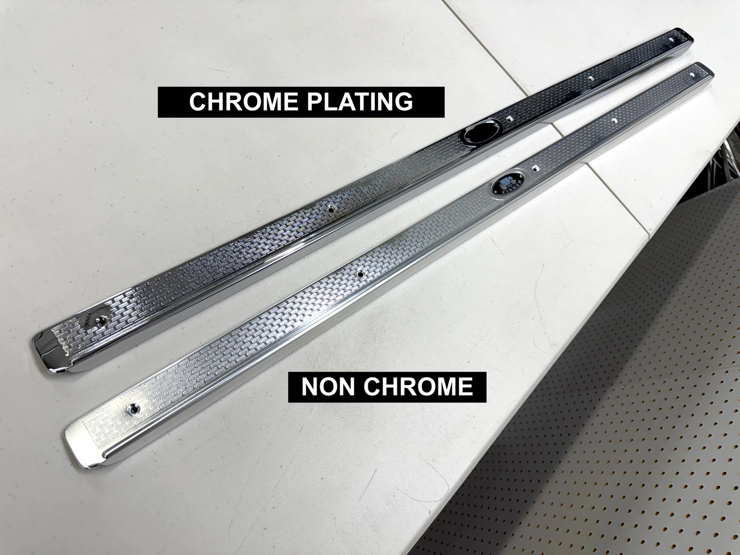 1958 CHEVY IMPALA BEL AIR BISCAYNE HARDTOP OR CONVERTIBLE 2 DOOR , DOOR SILL PLATES / TRIPLE CHROME FINISH [NEW]
