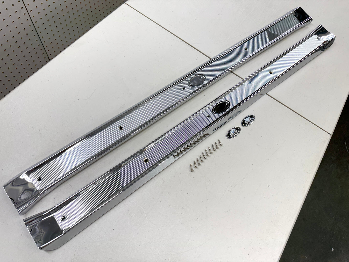 1965-1970 CHEVY IMPALA BEL AIR BISCAYNE CAPRICE HARDTOP OR CONVERTIBLE 2 DOOR , DOOR SILL PLATES / TRIPLE CHROME FINISH [NEW]