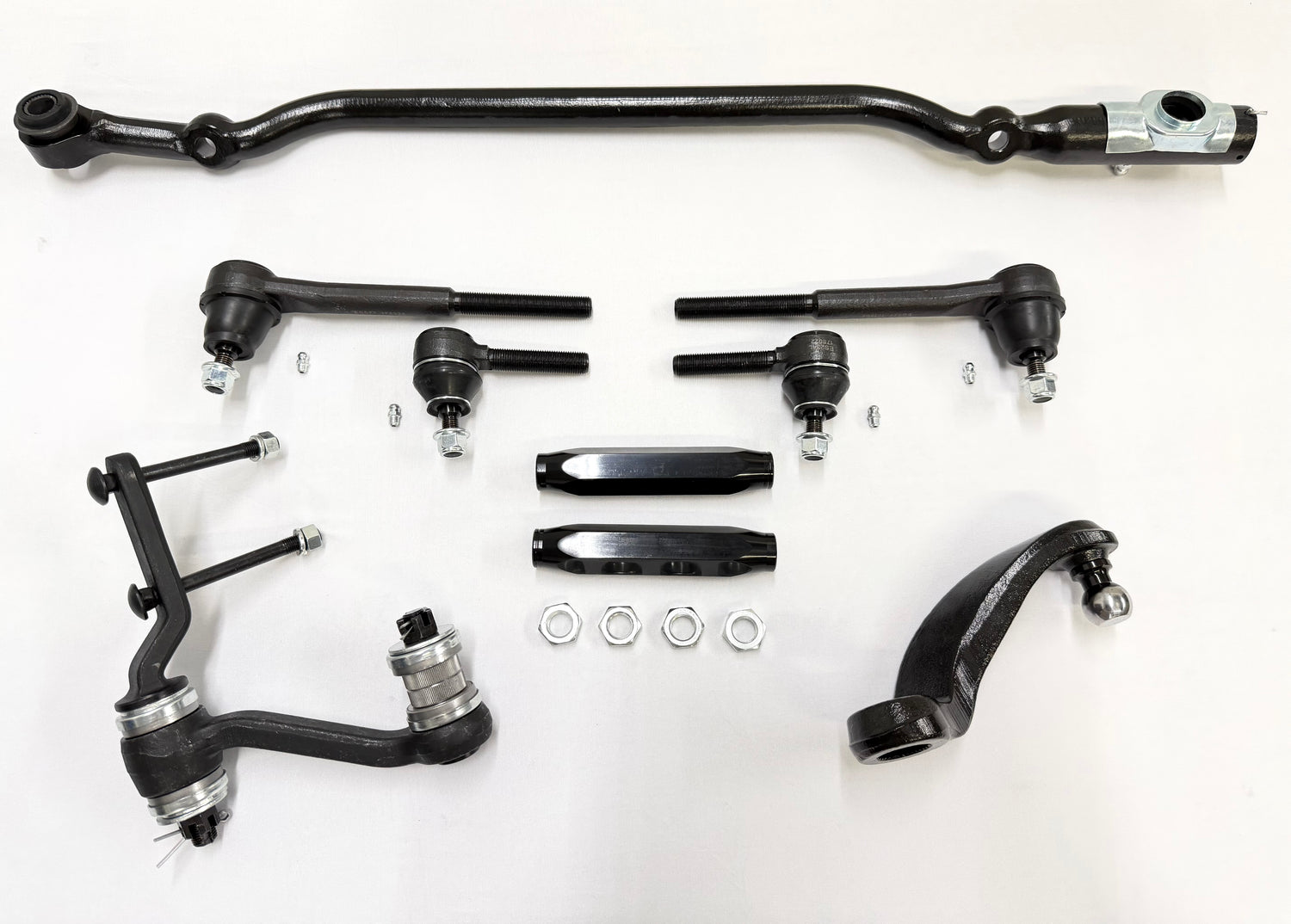 1955-57 GM CHEVY CHEVROLET BEL AIR NOMAD 210 150 TRI FIVE PREMIUM HEAVY DUTY COMPLETE STEERING LINKAGE KIT W/ IDLER ARM BEARING UPGRADE W/ BLACK SLEEVES