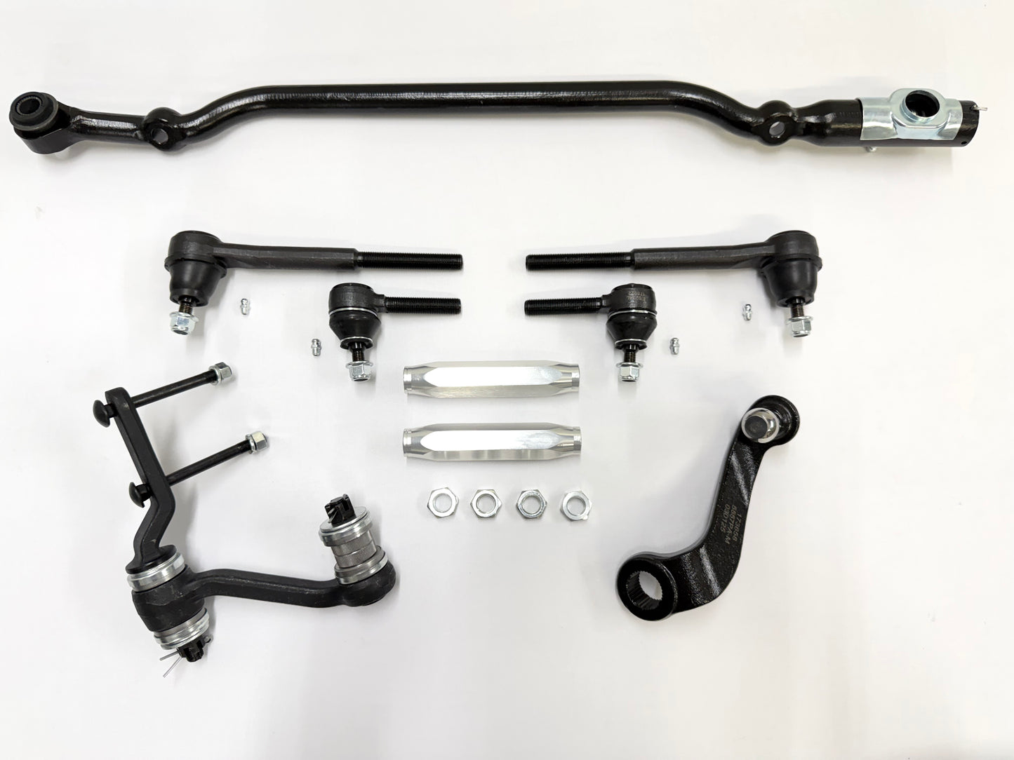 1955-57 GM CHEVY CHEVROLET BEL AIR NOMAD 210 150 TRI FIVE PREMIUM HEAVY DUTY COMPLETE STEERING LINKAGE KIT W/ IDLER ARM BEARING UPGRADE W/ SILVER POLISHED SLEEVES
