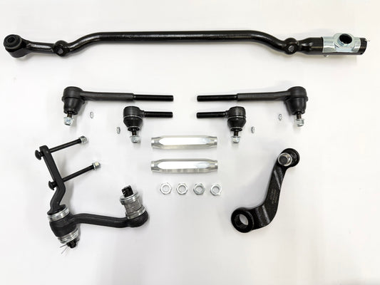 1955-57 GM CHEVY CHEVROLET BEL AIR NOMAD 210 150 TRI FIVE PREMIUM HEAVY DUTY COMPLETE STEERING LINKAGE KIT W/ IDLER ARM BEARING UPGRADE W/ SILVER POLISHED SLEEVES