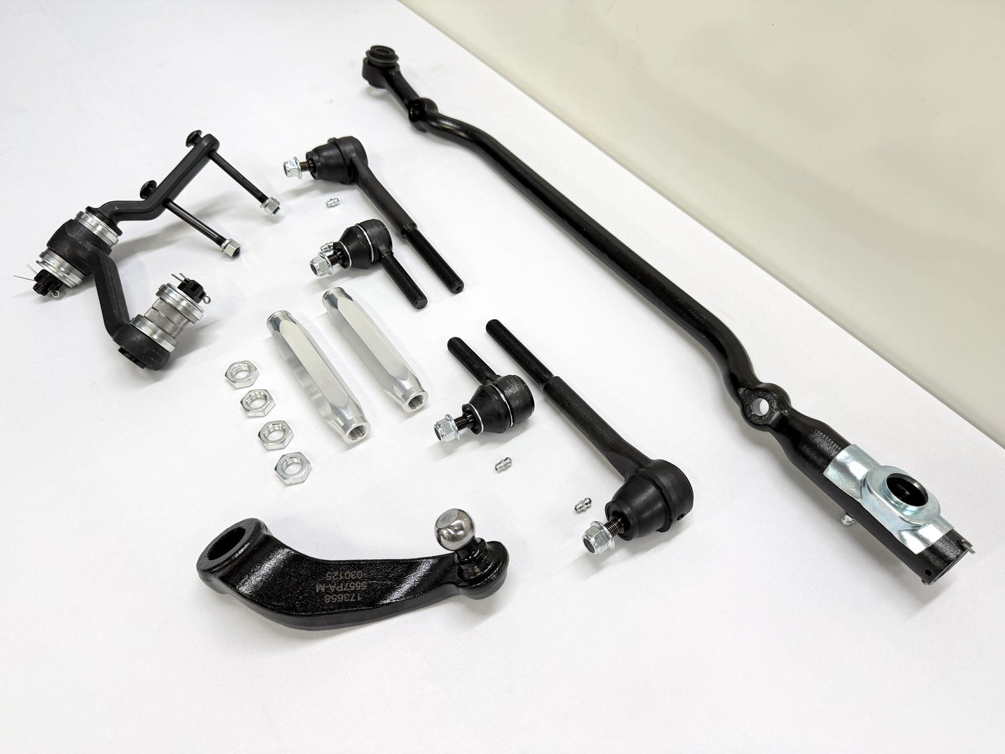 1955-57 GM CHEVY CHEVROLET BEL AIR NOMAD 210 150 TRI FIVE PREMIUM HEAVY DUTY COMPLETE STEERING LINKAGE KIT W/ IDLER ARM BEARING UPGRADE W/ SILVER POLISHED SLEEVES