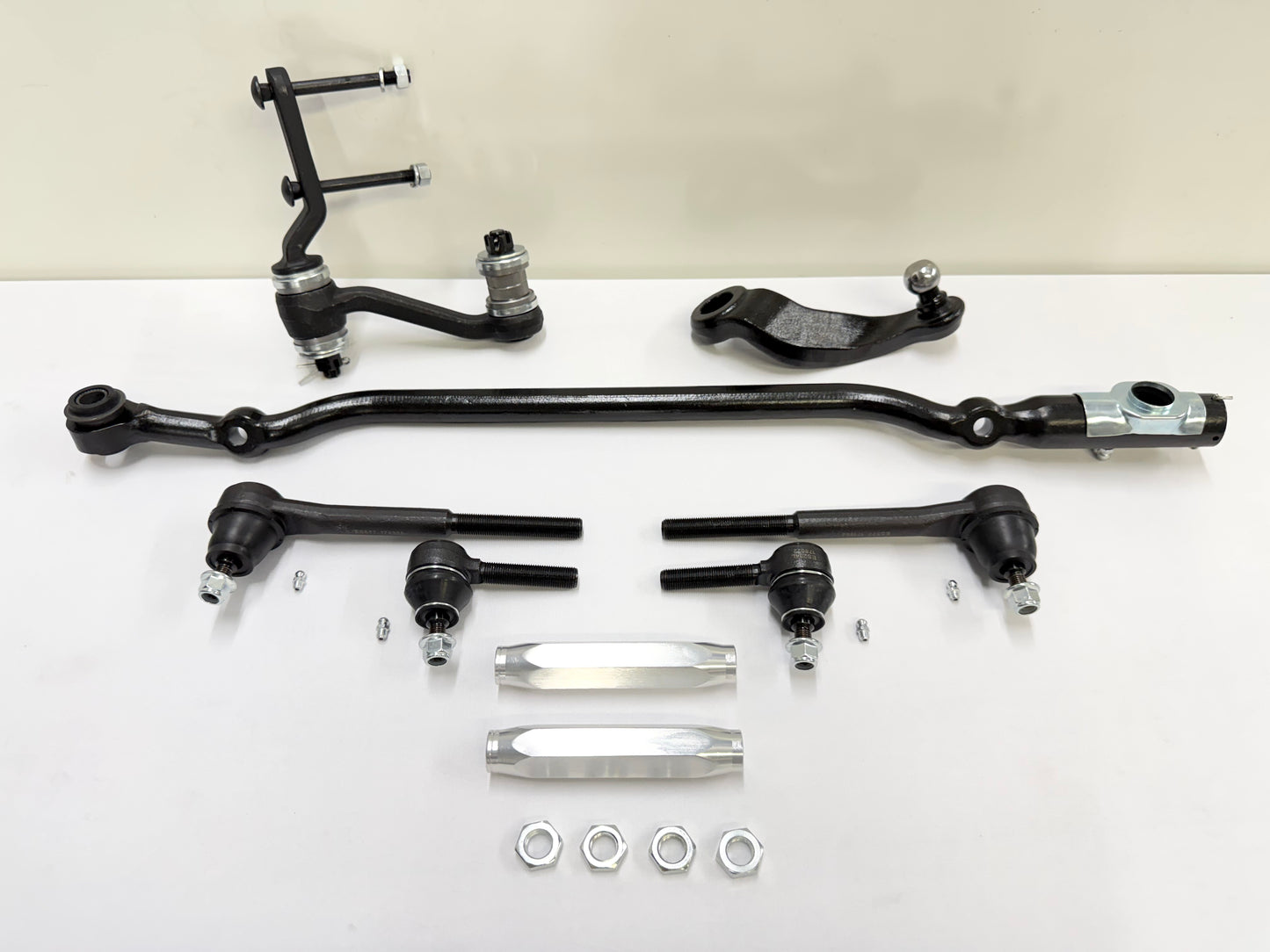 1955-57 GM CHEVY CHEVROLET BEL AIR NOMAD 210 150 TRI FIVE PREMIUM HEAVY DUTY COMPLETE STEERING LINKAGE KIT W/ IDLER ARM BEARING UPGRADE W/ SILVER POLISHED SLEEVES