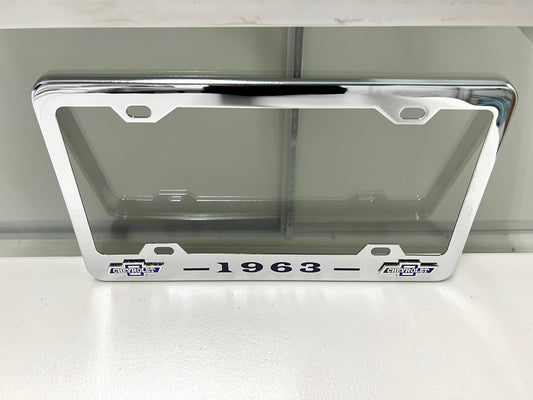 1963 CHEVROLET IMPALA, BEL AIR, BISCAYNE CHROME LICENSE PLATE FRAME WITH DUAL BOWTIE LOGOS