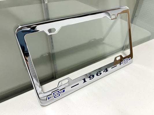 1964 CHEVROLET IMPALA, BEL AIR, BISCAYNE CHROME LICENSE PLATE FRAME WITH DUAL BOWTIE LOGOS