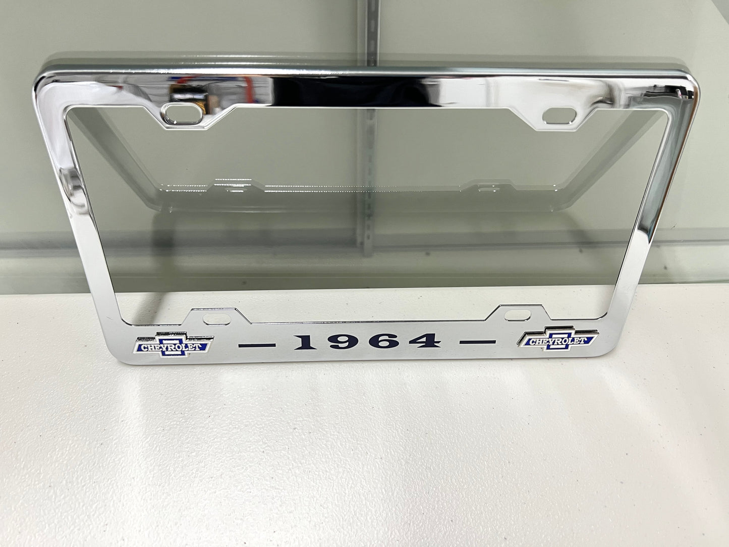 1964 CHEVROLET IMPALA, BEL AIR, BISCAYNE CHROME LICENSE PLATE FRAME WITH DUAL BOWTIE LOGOS