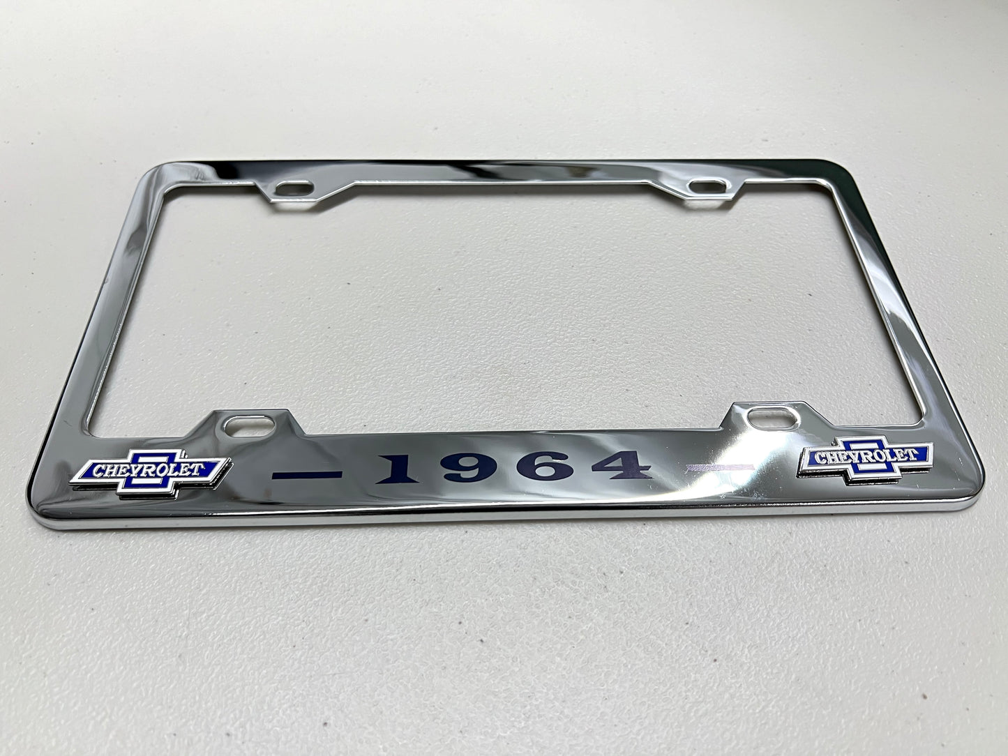 1964 CHEVROLET IMPALA, BEL AIR, BISCAYNE CHROME LICENSE PLATE FRAME WITH DUAL BOWTIE LOGOS