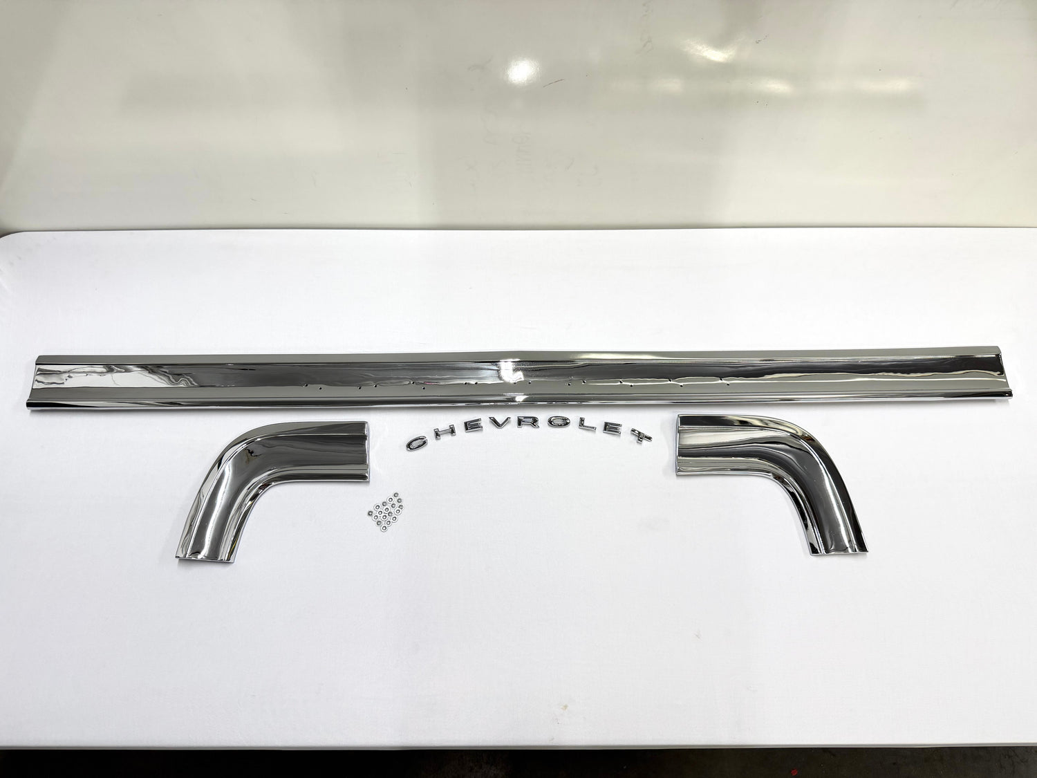 [ORIGINAL OEM RESTORED] 1964 CHEVY CHEVROLET IMPALA STANDARD REAR COVE TRUNK PANEL MOLDING TRIM SET 3PC / TRIPLE CHROME FINISH