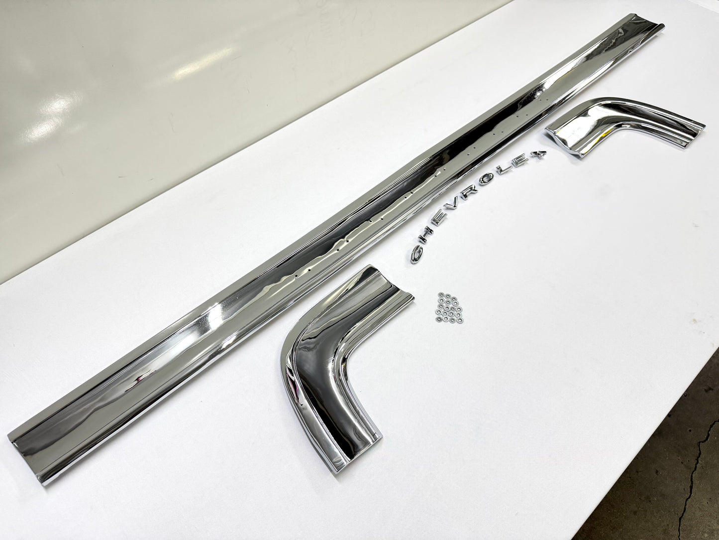 [ORIGINAL OEM RESTORED] 1964 CHEVY CHEVROLET IMPALA STANDARD REAR COVE TRUNK PANEL MOLDING TRIM SET 3PC / TRIPLE CHROME FINISH