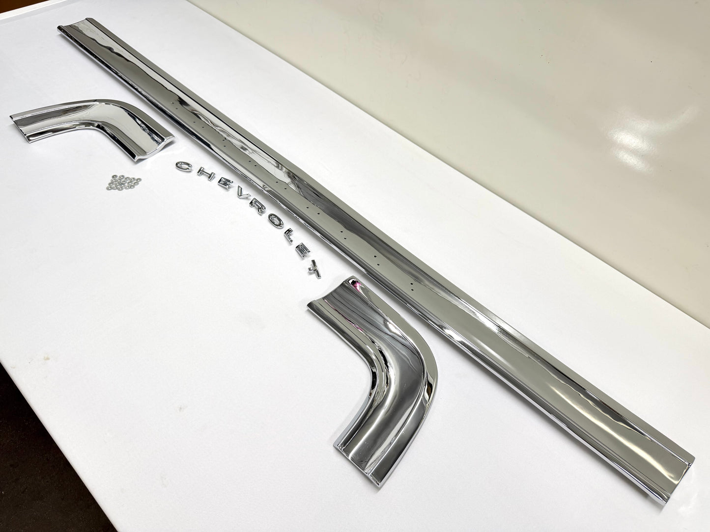 [ORIGINAL OEM RESTORED] 1964 CHEVY CHEVROLET IMPALA STANDARD REAR COVE TRUNK PANEL MOLDING TRIM SET 3PC / TRIPLE CHROME FINISH