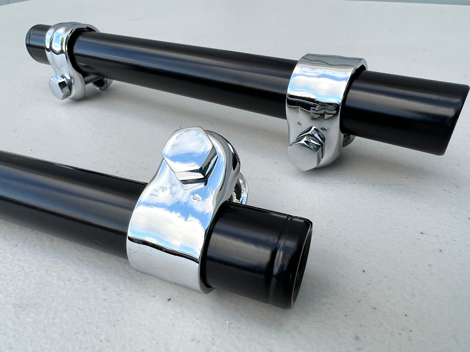 1958-64 GM FULLSIZE CHEVY TIE ROD ADJUSTABLE SLEEVE 2PC (PAIR) (IMPALA BELAIR BISCAYNE etc) / CHROME AND BLACK COMBO FINISH