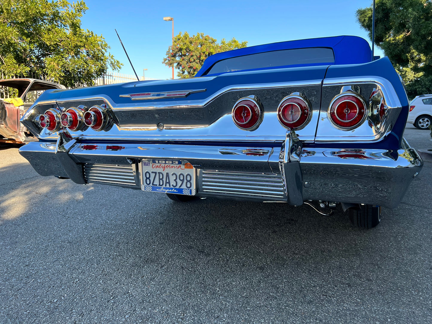 1963 CHEVY IMPALA REAR TRUNK LID PANEL & TAILLIGHT COVE TRIM INSERTS 3PC COMPLETE SET (OEM / ORIGINAL) / CHROME FINISH